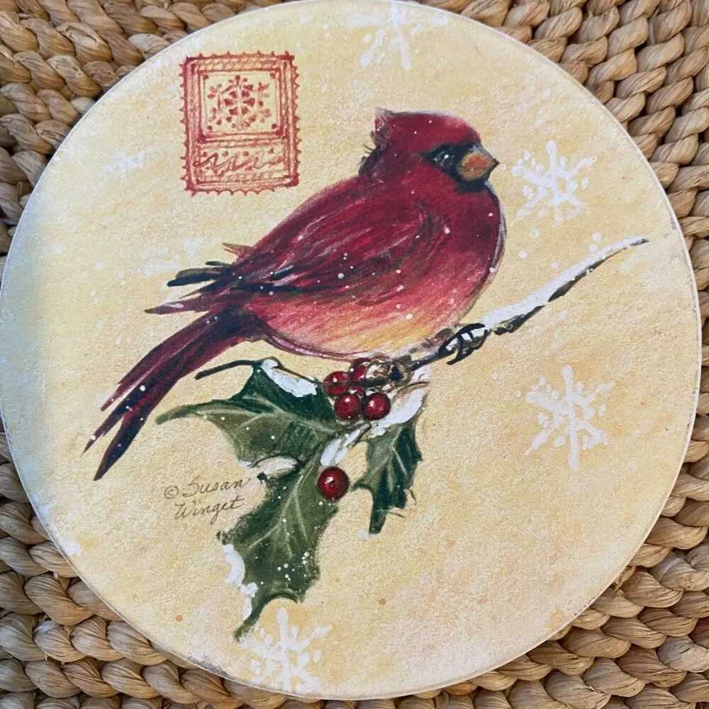Set of 4 Susan Winget Cardinal Bird Holiday Coasters – Cork Back, Winter